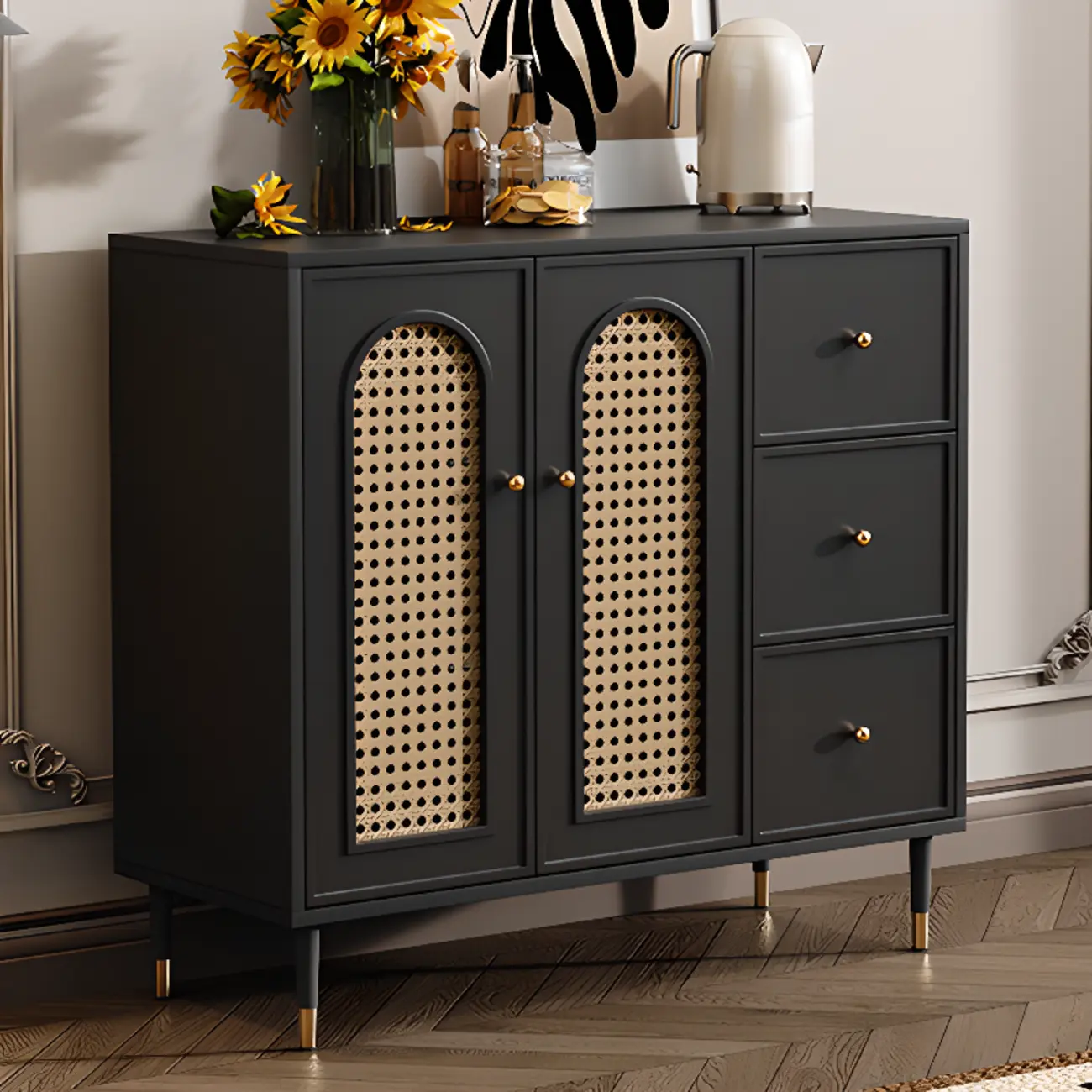Traditional 3-Layer Rattan Wooden Black Sideboard Cabinet