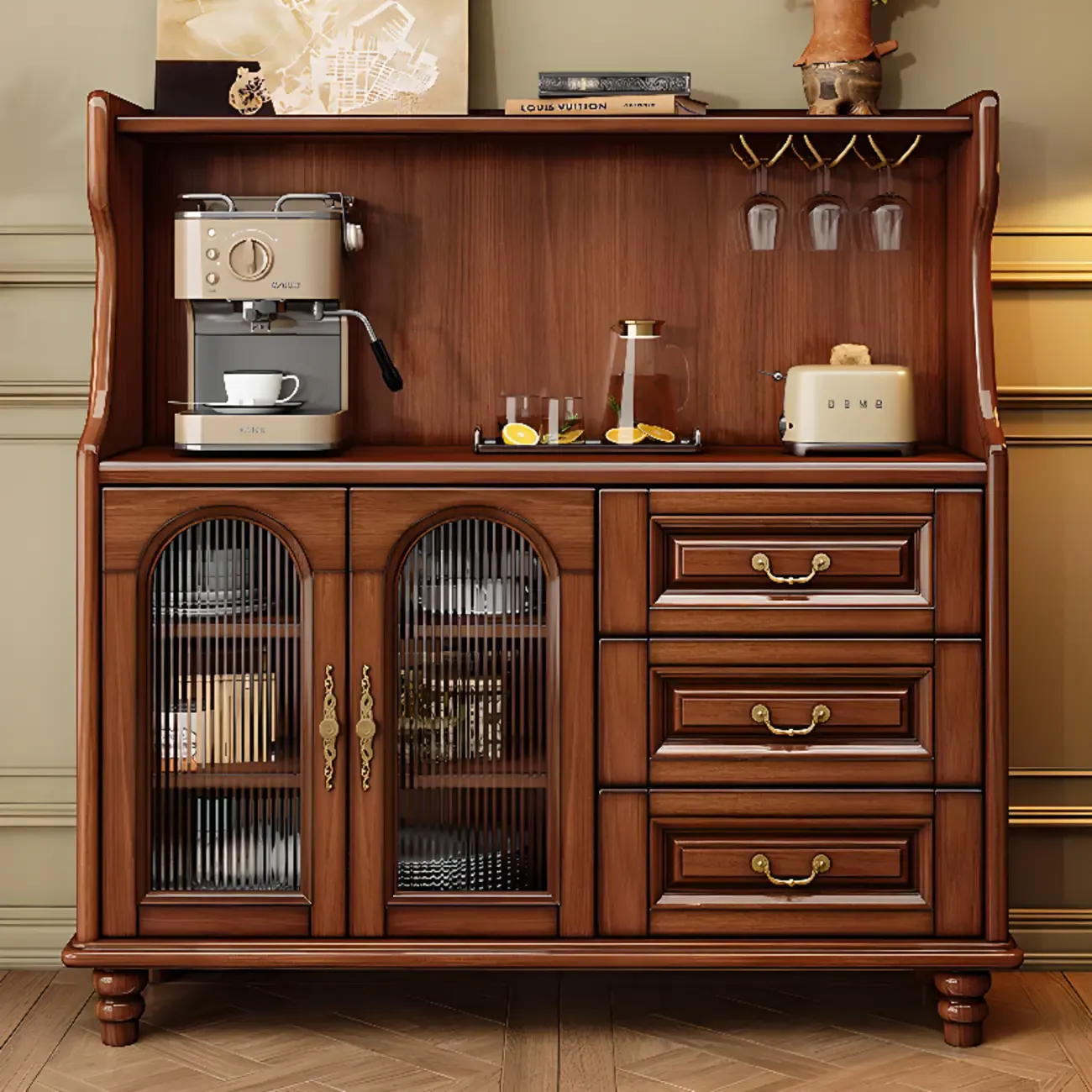 Modern Wood Kitchen Buffet with Shelves and Stemware Rack