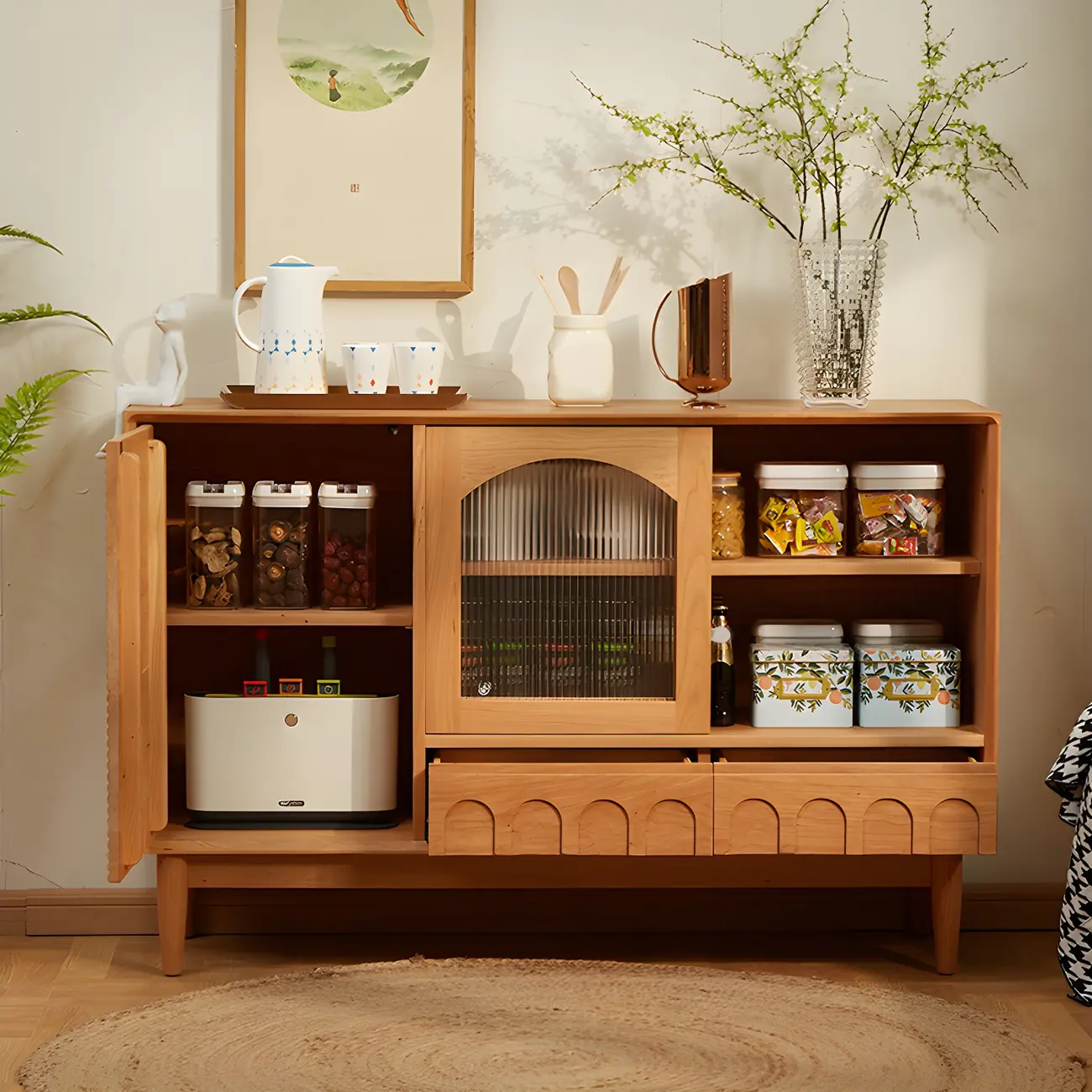 Scandinavian Yellow Wooden Sideboard with Cabinets