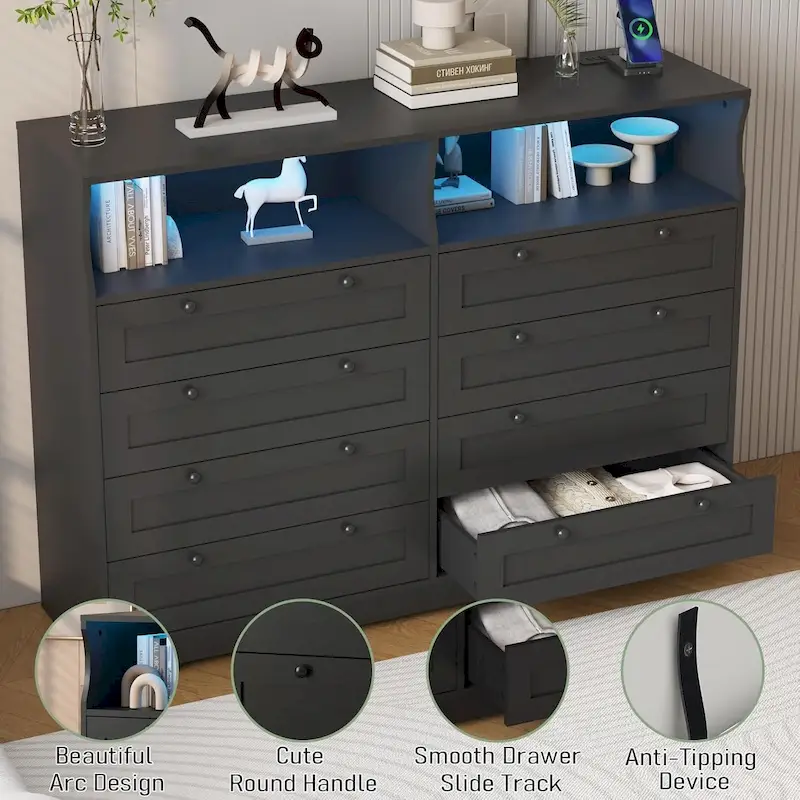 Modern Wood Dresser with 8 Drawers, Bedroom Dresser with Charging Station & LED Lights