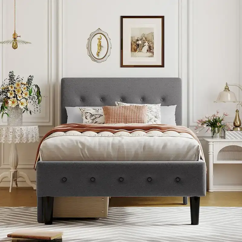Twin Size Upholstered Platform Bed w/ 2 Drawers Storage Bed & Tufted Headboard Panel Bed No Box Spring Needed, Easy Assembly