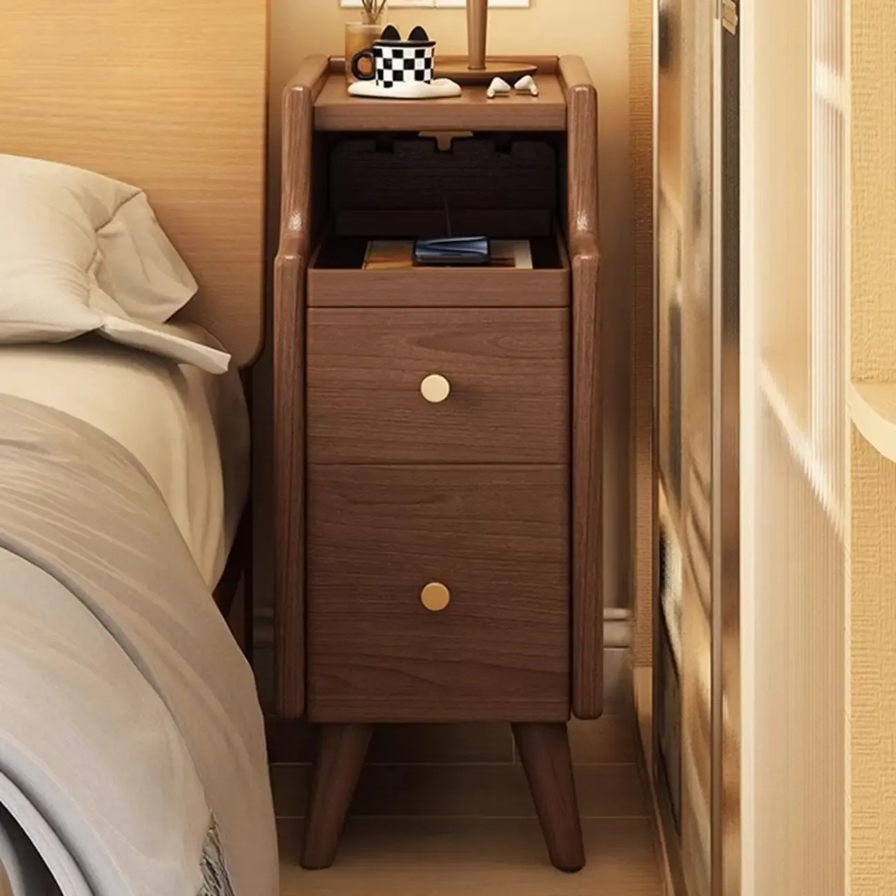 White Wood Narrow Nightstands with Drawers