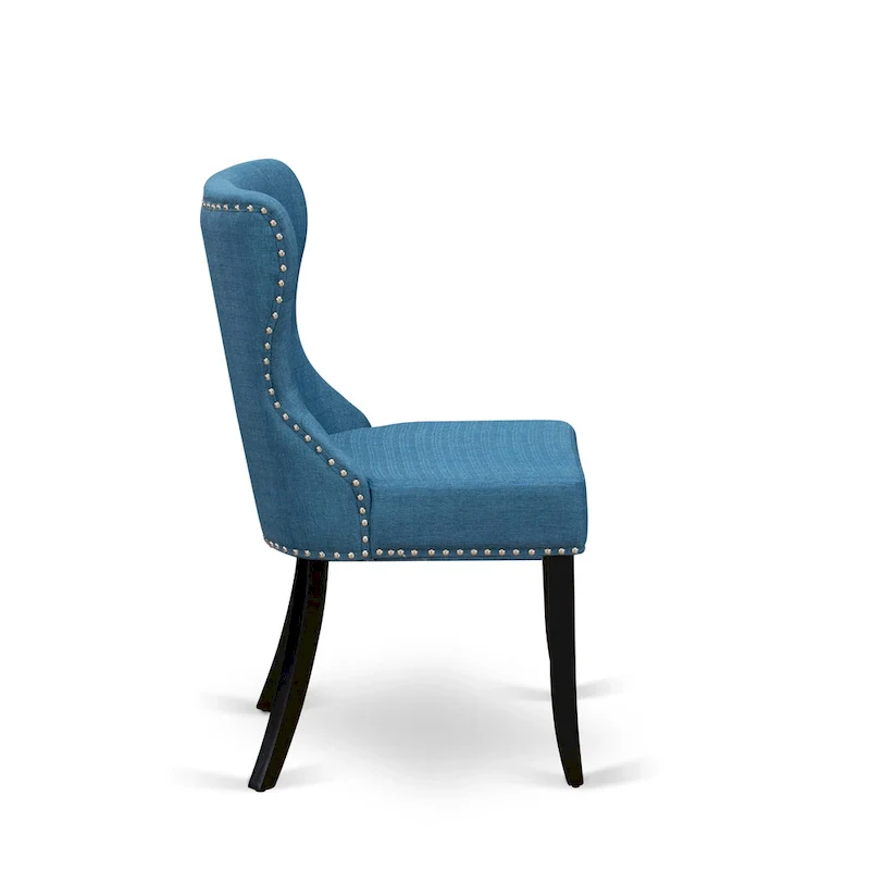 East West Furniture Kitchen Table Set- a Round Dining Table and Blue Linen Fabric Parson Chairs, Black(Pieces Options)