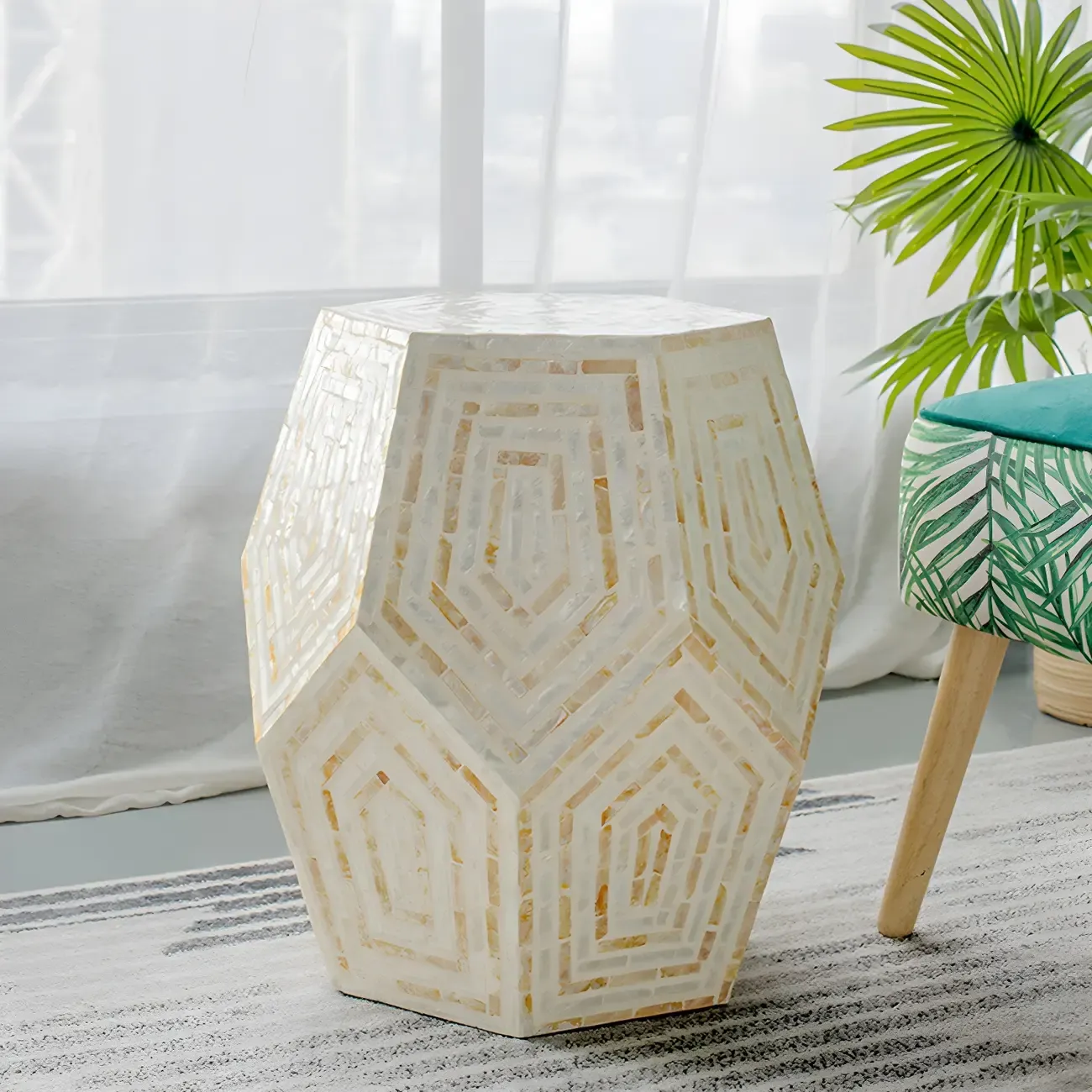 Tropical Mosaic Wooden Round Side Table