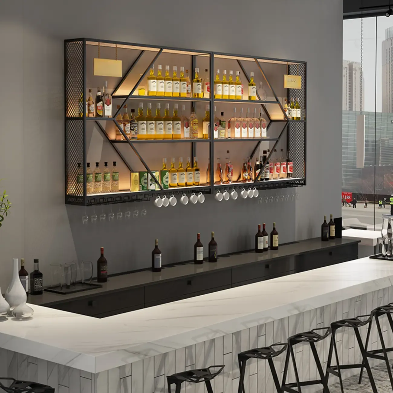 Iron Wine Bottle and Open Wine Glass Holder with Lighting