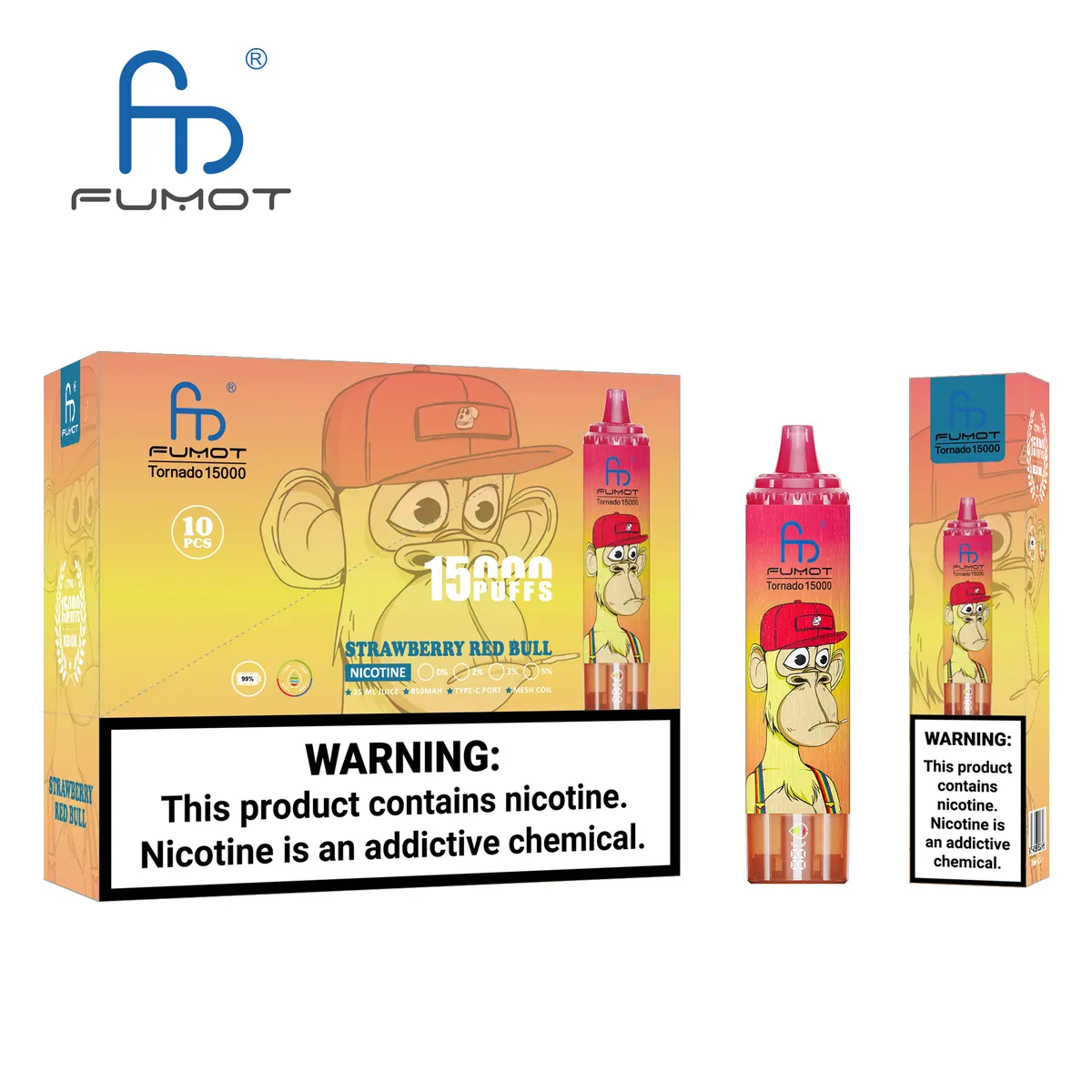 Fumot Tornado 15000 Strawberry Red Bull – 10er-Displaybox mit Einweg-Vape und Einzelpackung