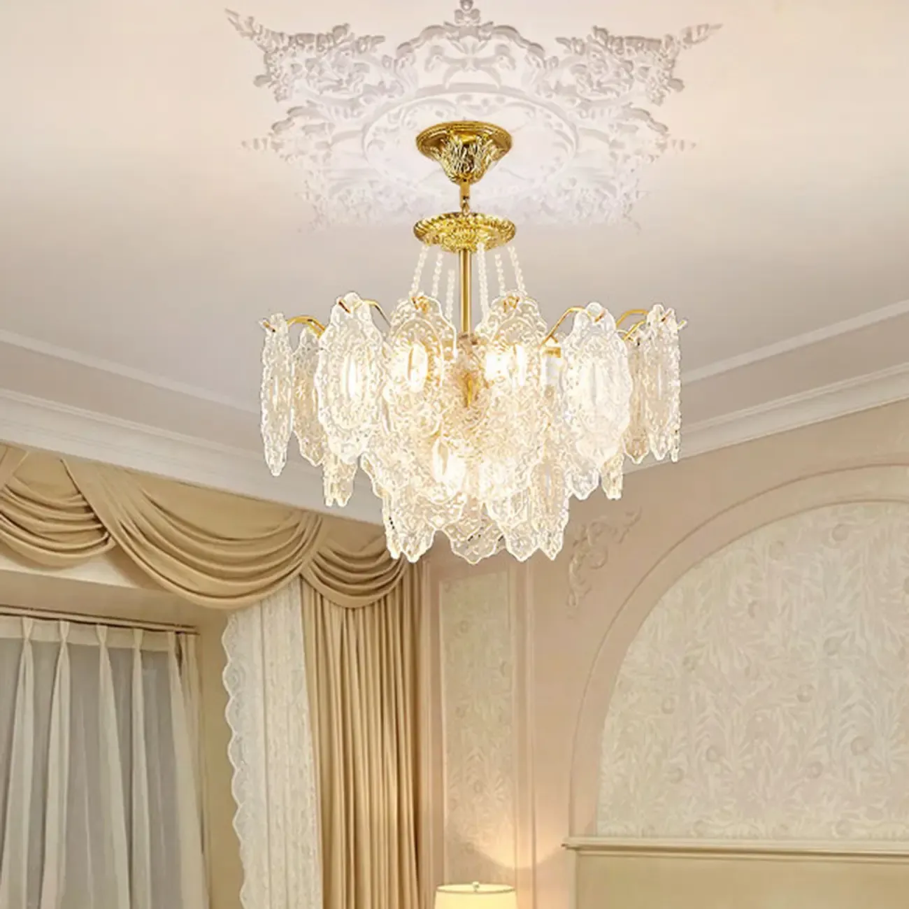 Luxurious Gold Crystal Leaf Round Pendant Chandelier