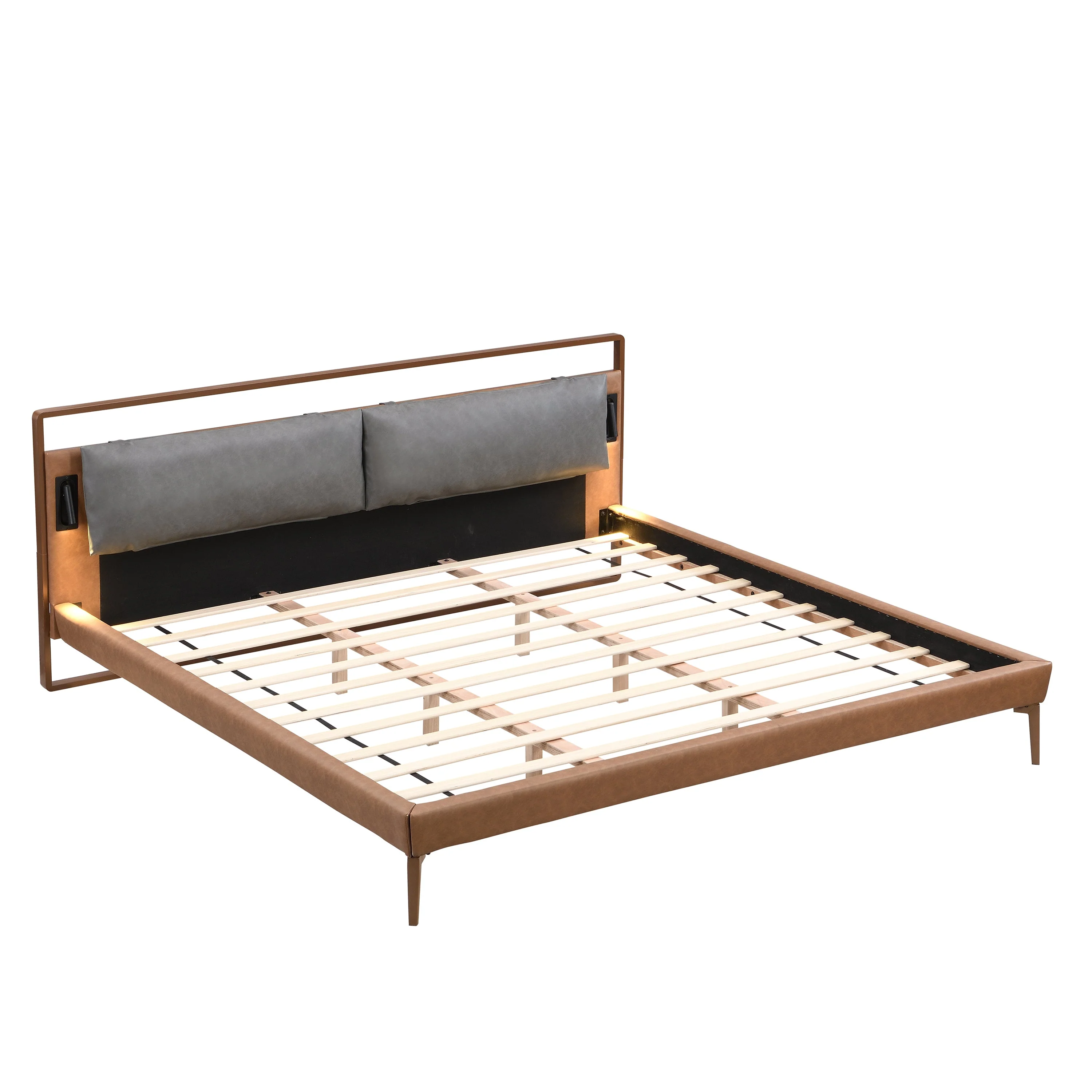 Faux Leather Upholstered King Bedframe with Night Lights