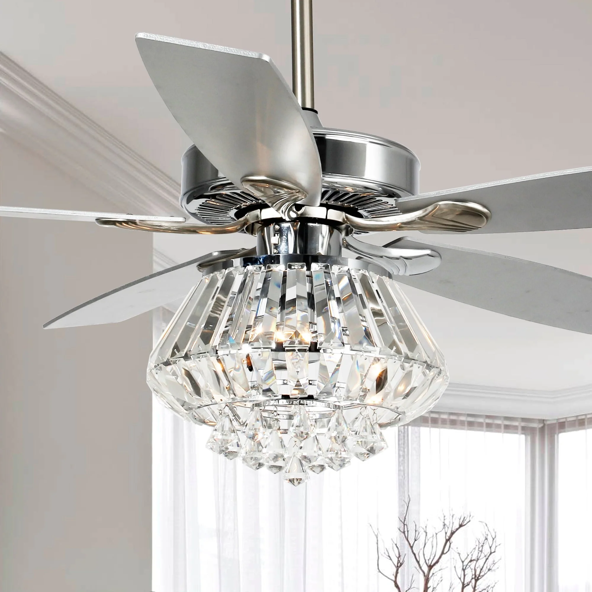 Modern Chrome 52-inch Crystal Chandelier Ceiling Fan with Remote