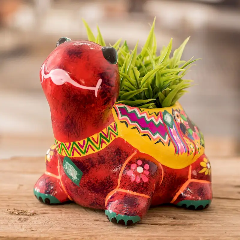 Novica Handmade Floral Turtle Small Ceramic Flower Pot