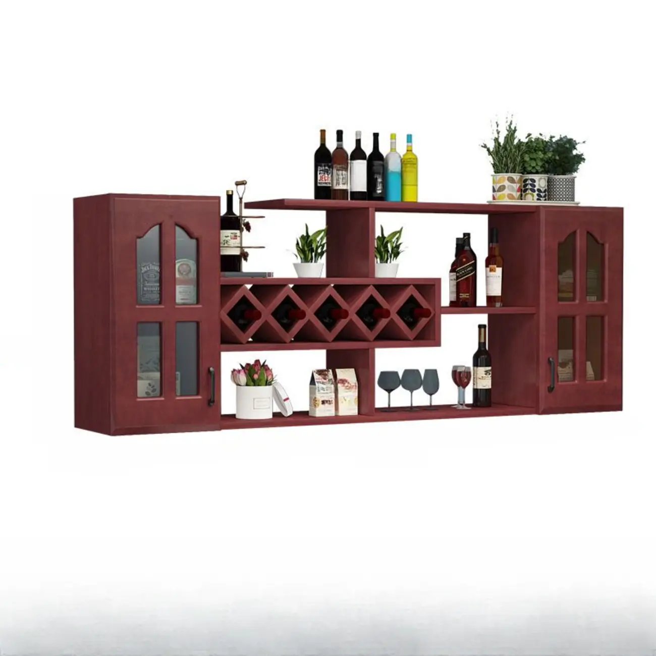 Wooden Wall-Fixed Bottle Holder Rack with Glass Holder Shelf