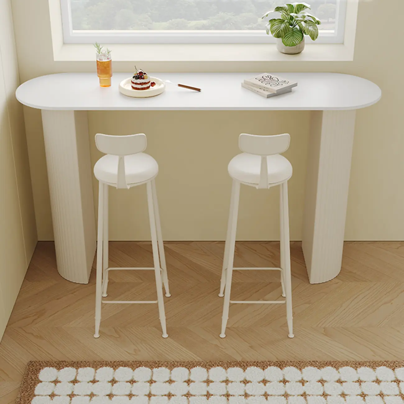 Modern White Stone Top Bar Table Double Pedestal Base