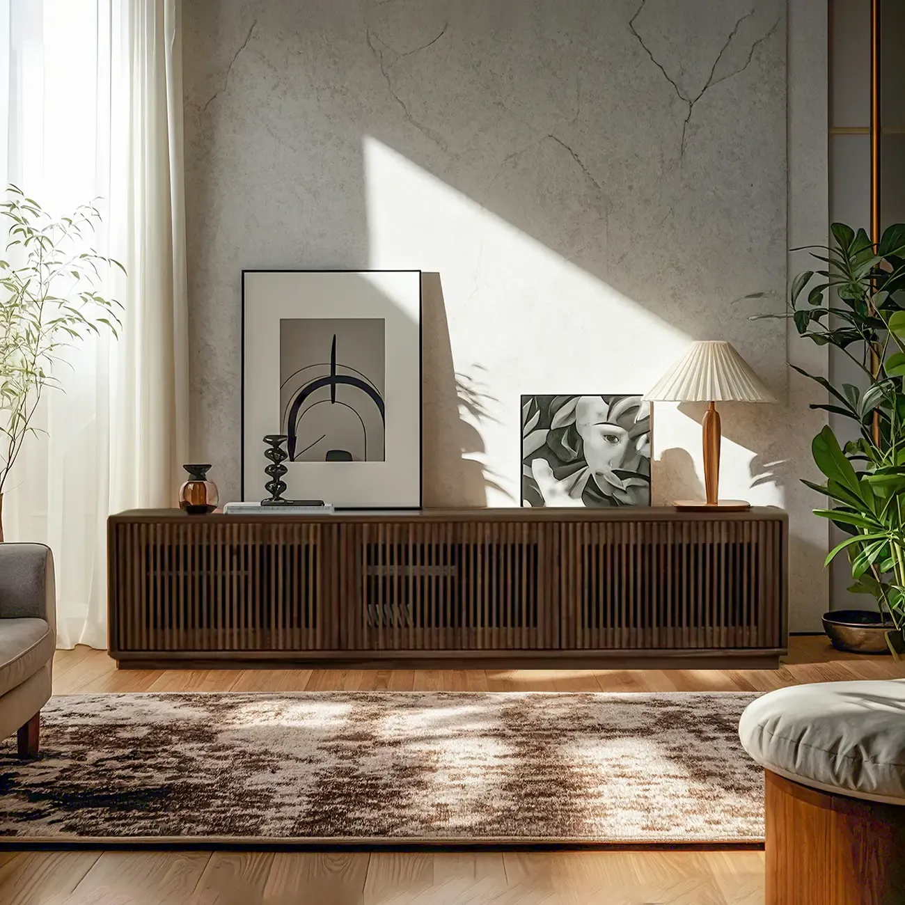 Contemporary Rectangle Brown Fluted Wood Cabinet TV Stand