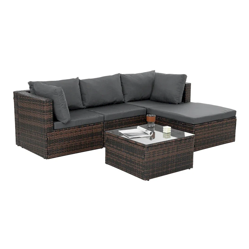 5 Set Wicker Furniture With Tempered Glass Coffee Table
