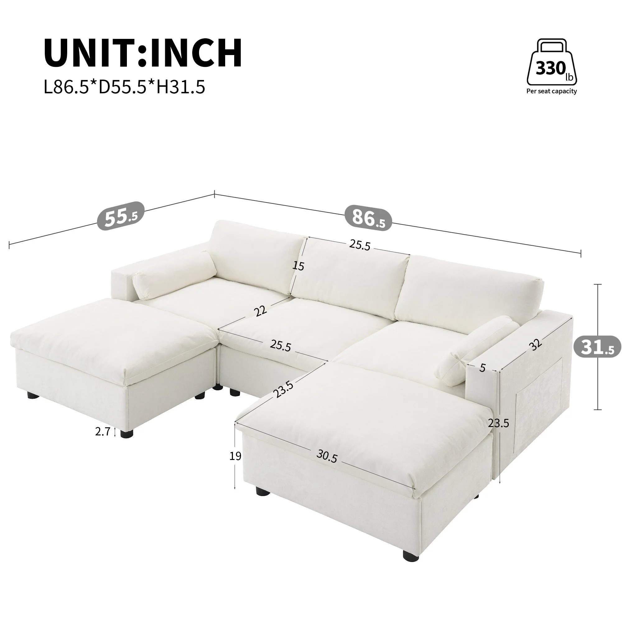 Cloud Modular Sectional Sofa with Storage Pockets and 2 Movable Ottomans