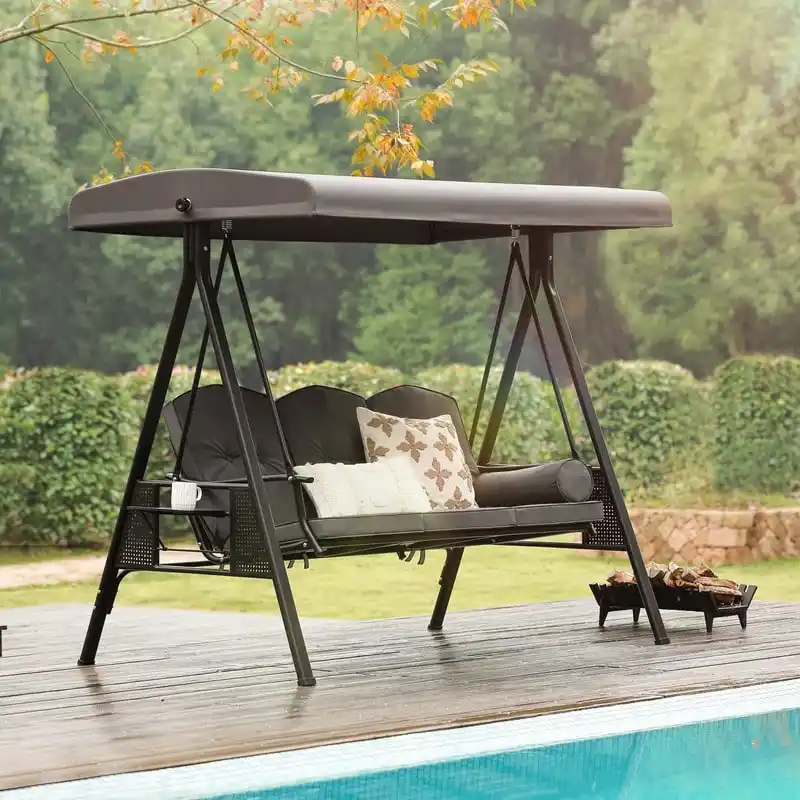 3-Person Metal Patio Swing with Canopy and Cushions - N/A