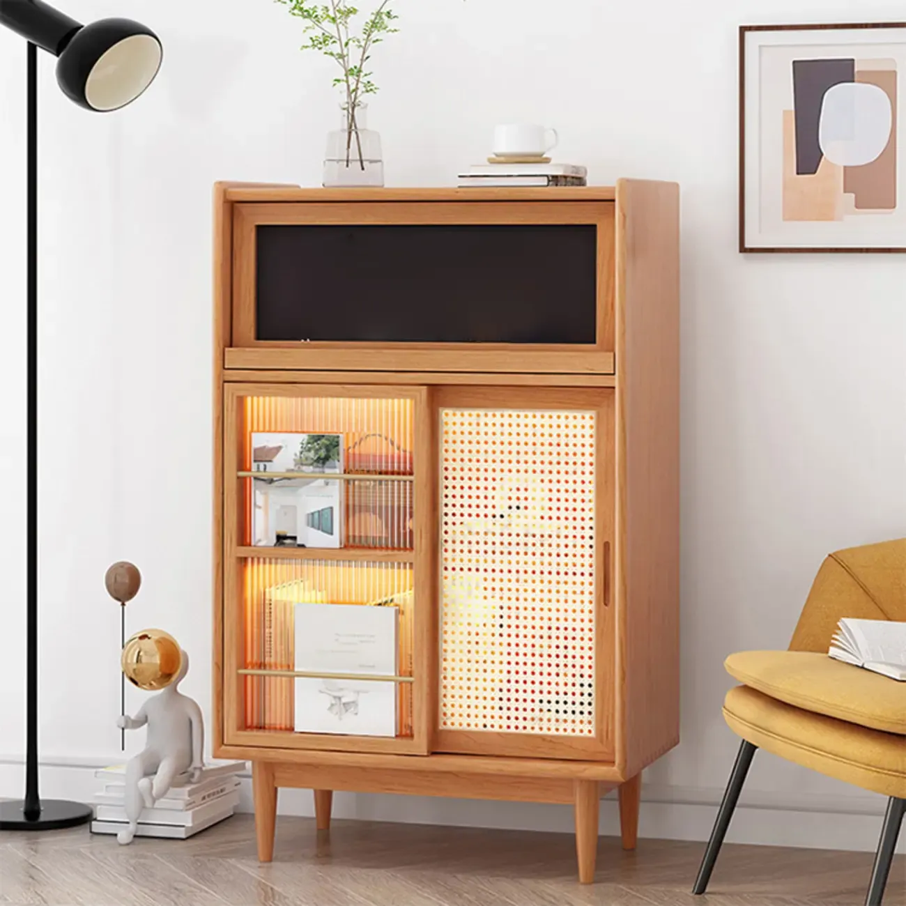 Kitchen Wood Brown China Cabinet with Rattan Doors