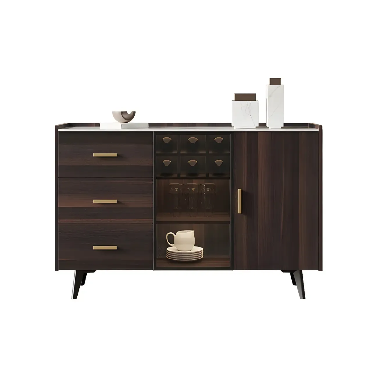 Glam Walnut Wooden Sideboard with Drawers & Cabinets