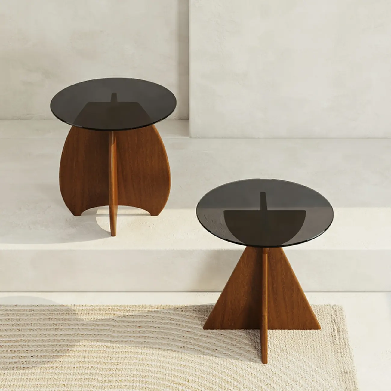 Brown Round Glass Top Wood Geometric X-Base End Table