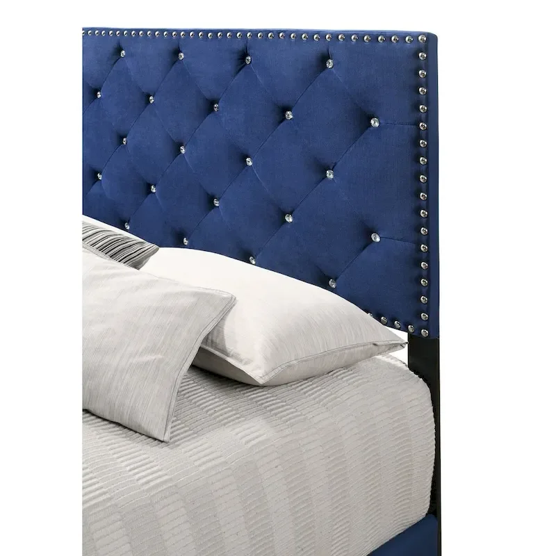 Velvet Tufted Faux Jewel Upholstered Full Panel Bed - 77 - Blue
