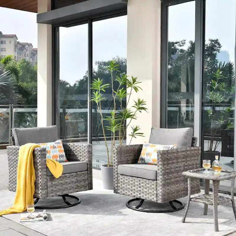 OVIOS Patio Wicker Swivel Rocking Chair 3-piece Set with Side Table