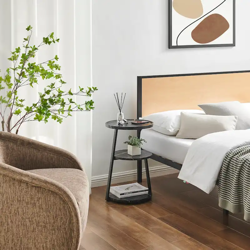 Skylar Round 3-Tier Side Accent Table with Raised Lip Edge Tabletop and Midcentury Modern Metal Asymmetric Pedestal Legs