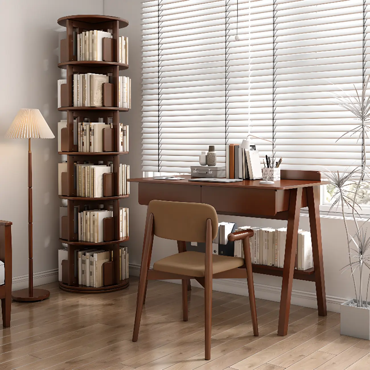 Medium Rotatable Nut-brown Wooden Vertical Bookcase