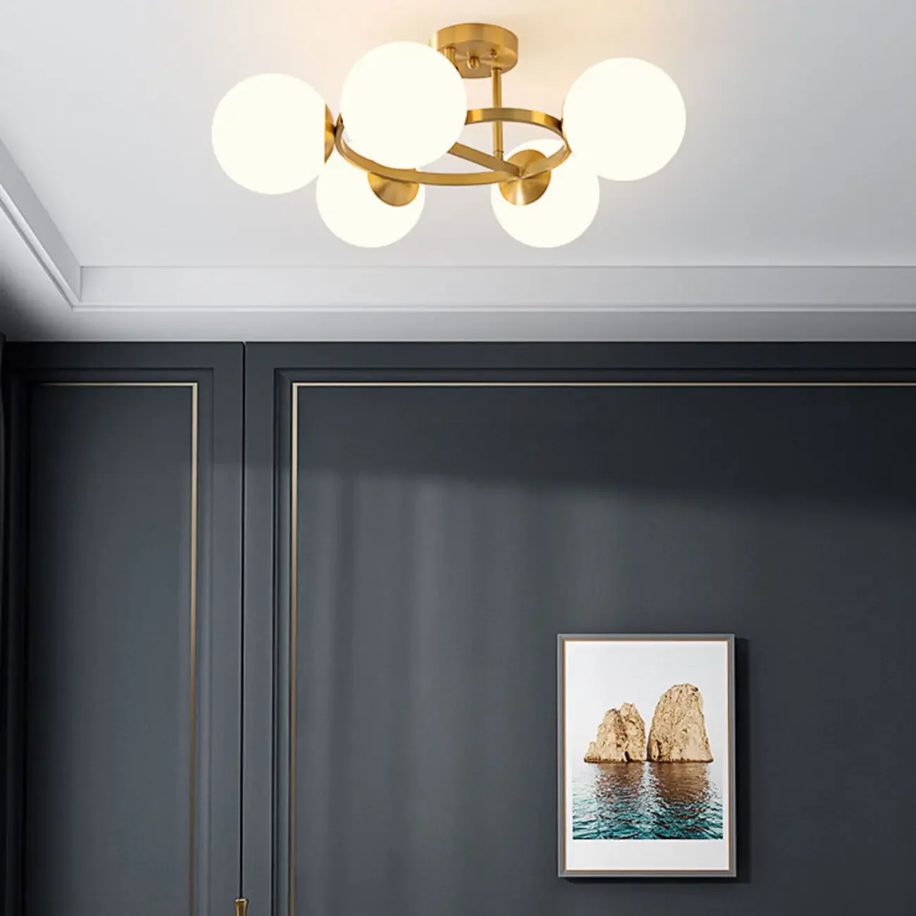 Modern Gold Loop Globe Glass Semi Flush Ceiling Light