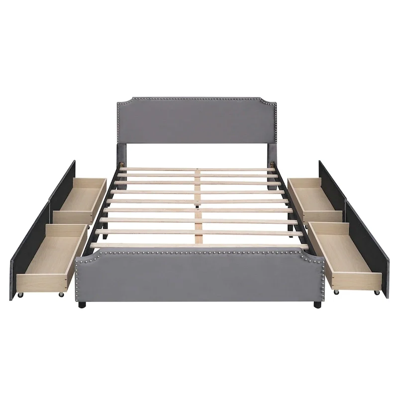 Velvet Fabric Upholstered Platform Bed with Stud Trim Headboard and Footboard and 4 Drawers No Box Spring Needed