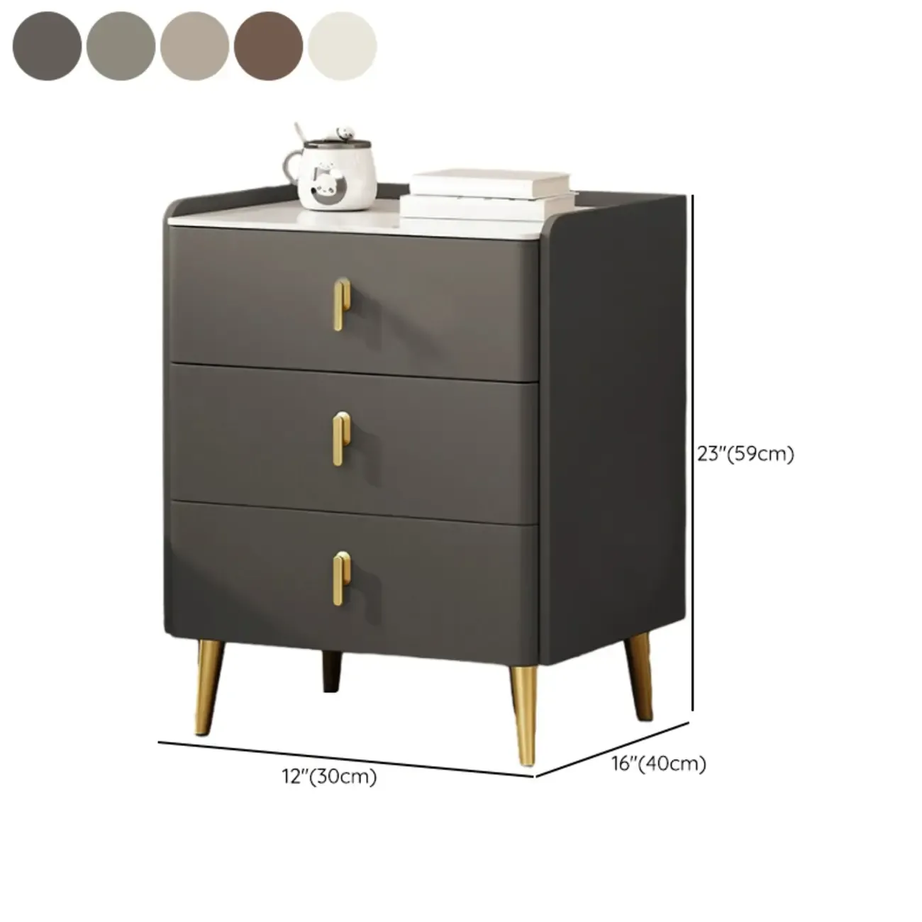 Modern Faux Leather 3 Drawers Nightstand with Stone Top