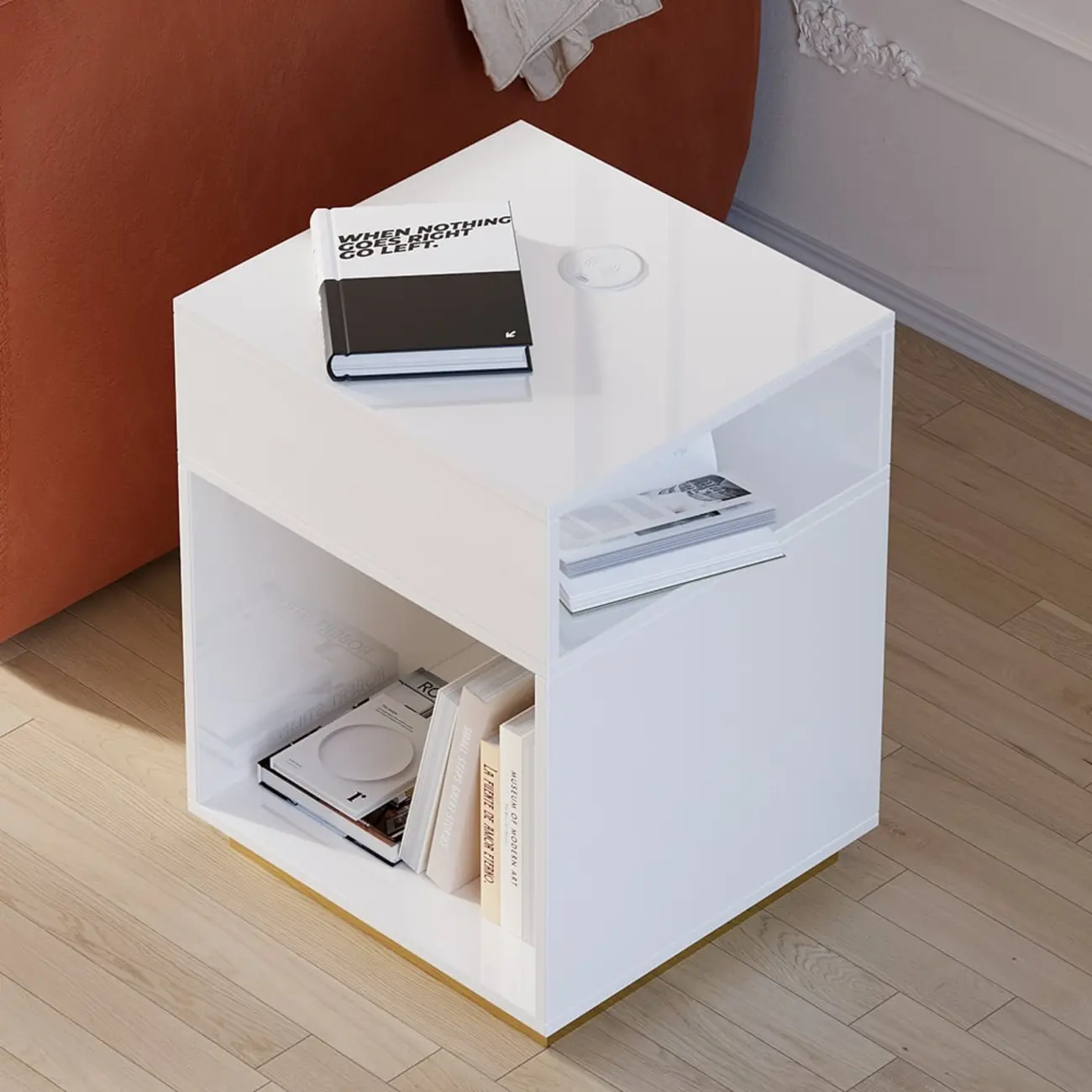 Compact White Wooden Cube Side Table with Open Shelf
