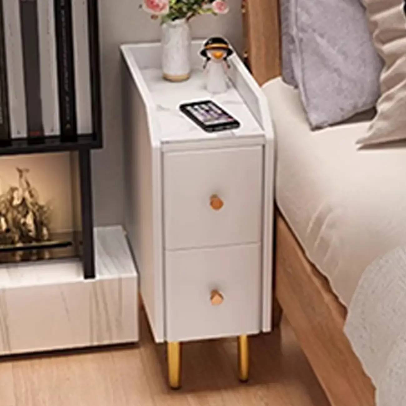 Narrow Faux Leather Drawer Nightstand with Stone Countertop