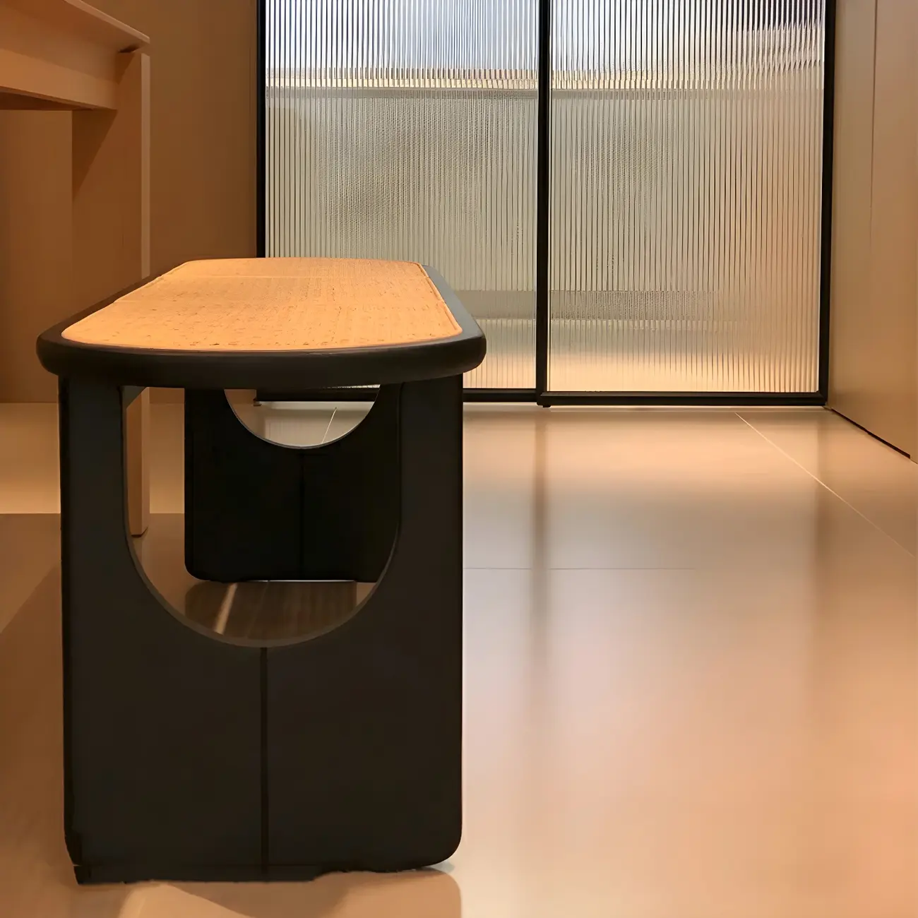 Rectangular Black Rattan Top Rubberwood Bench