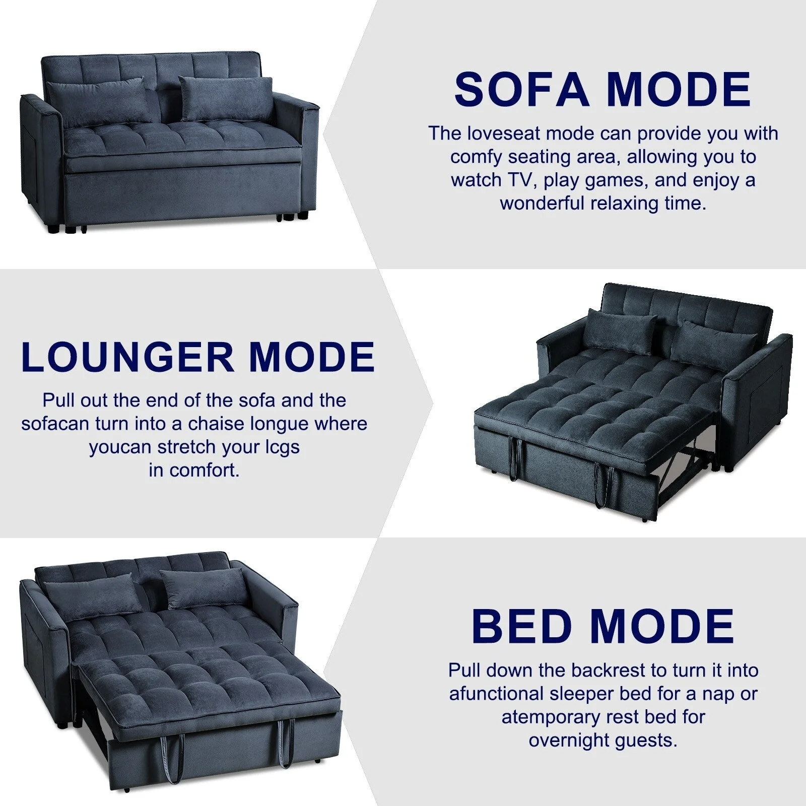 Modern Pull-Out Couch Bed, 3-in-1 Sleeper Sofa with Adjustable Backrest, Velvet Loveseat, Pillows & Side Pockets