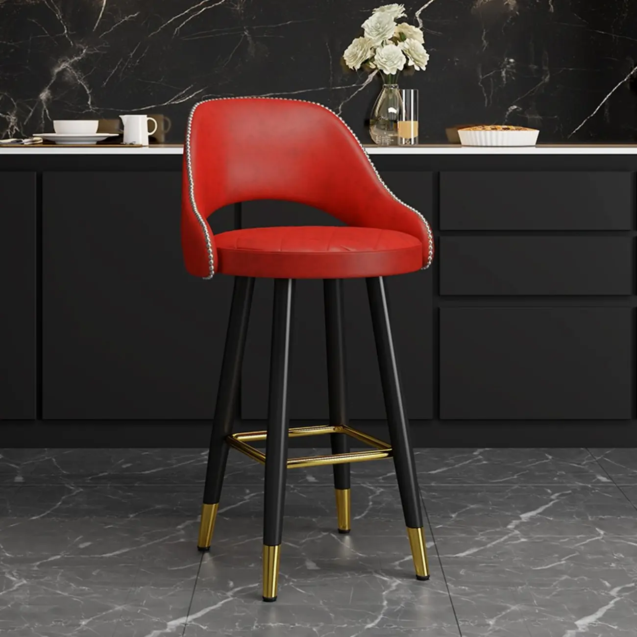 Modern Round Leather Curved Back Bar Stools