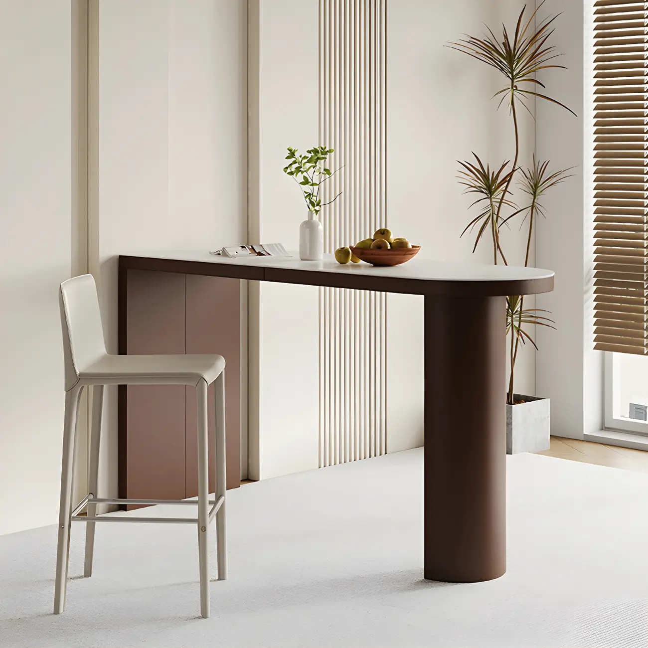 Modern White Stone Brown Wood Dual Pedestal Bar Tables