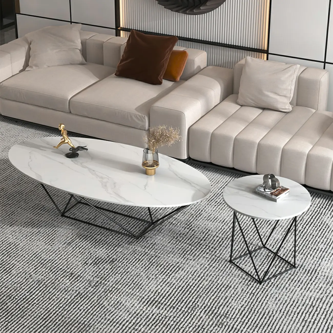 Stylish Metal Black Oval Coffee Table with Geometric Base