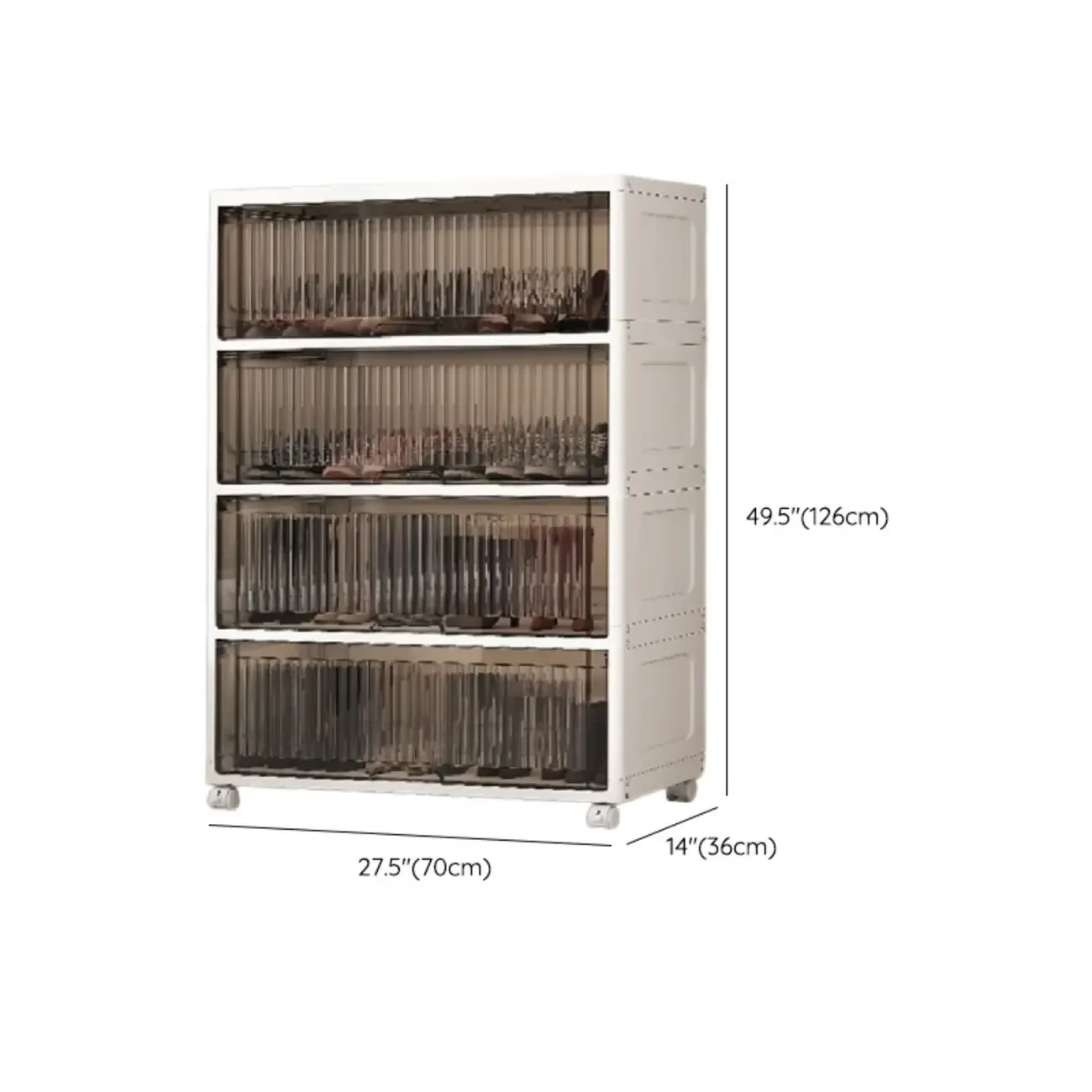 Hallway White Plastic Drop-Front Shoe Cabinet with Casters