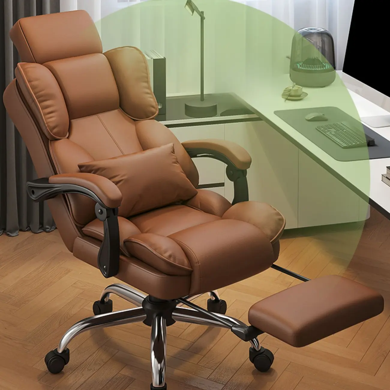 Ergonomic Brown Leather Reclining Office Chair