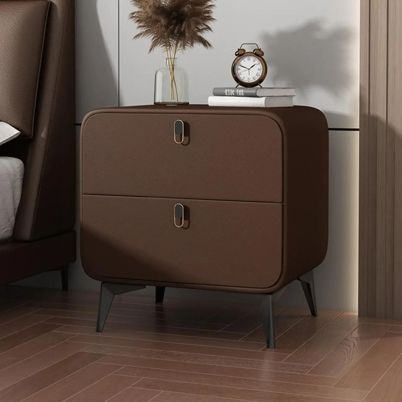 Scandinavian Leather 2 Drawers Wood Nightstand