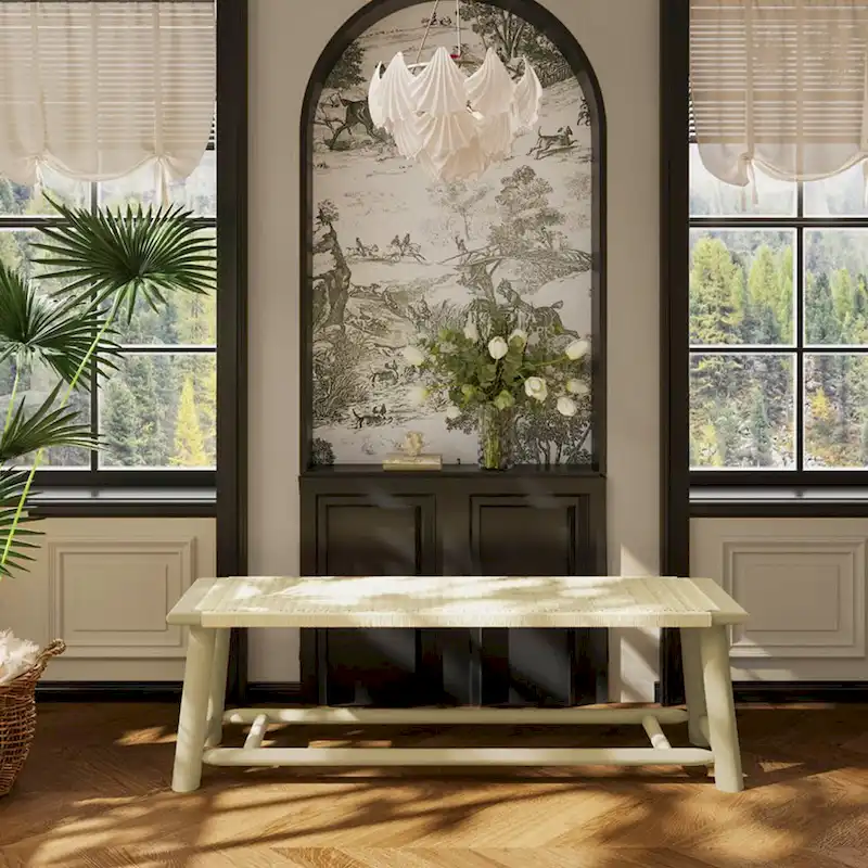 Farmhouse Modern Solid Wood Rattan Bench - 59 Inch Indoor & Covered Outdoor Bench Multi-Functional Design