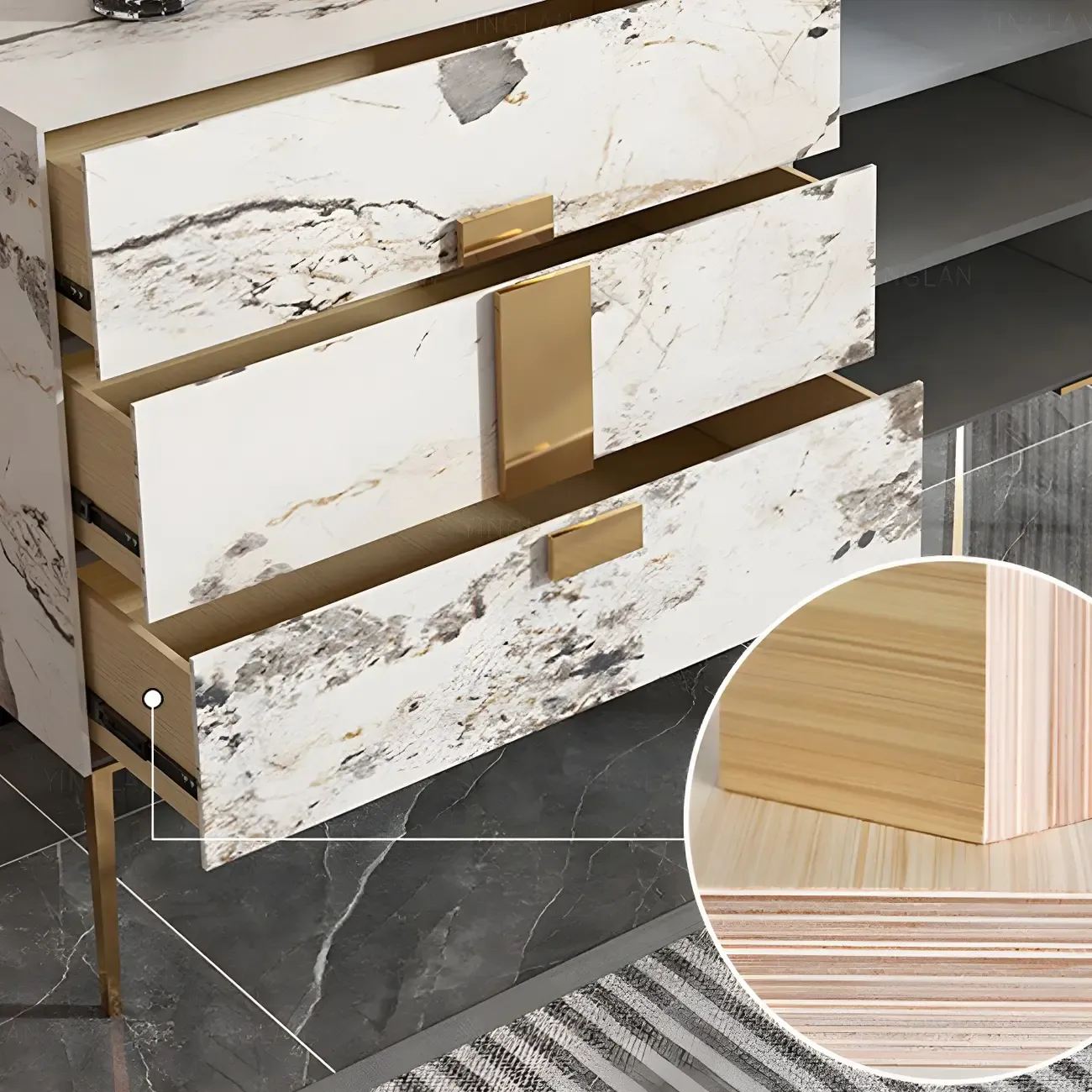 Artistic White Stone Top Buffet Table with Drawers