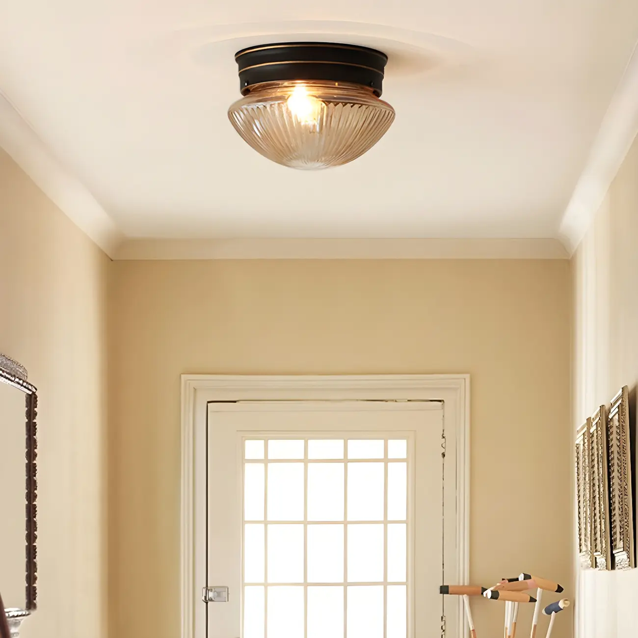 Classic Bronze Amber Ribbed Glass LED Flush Mount Ceiling Light