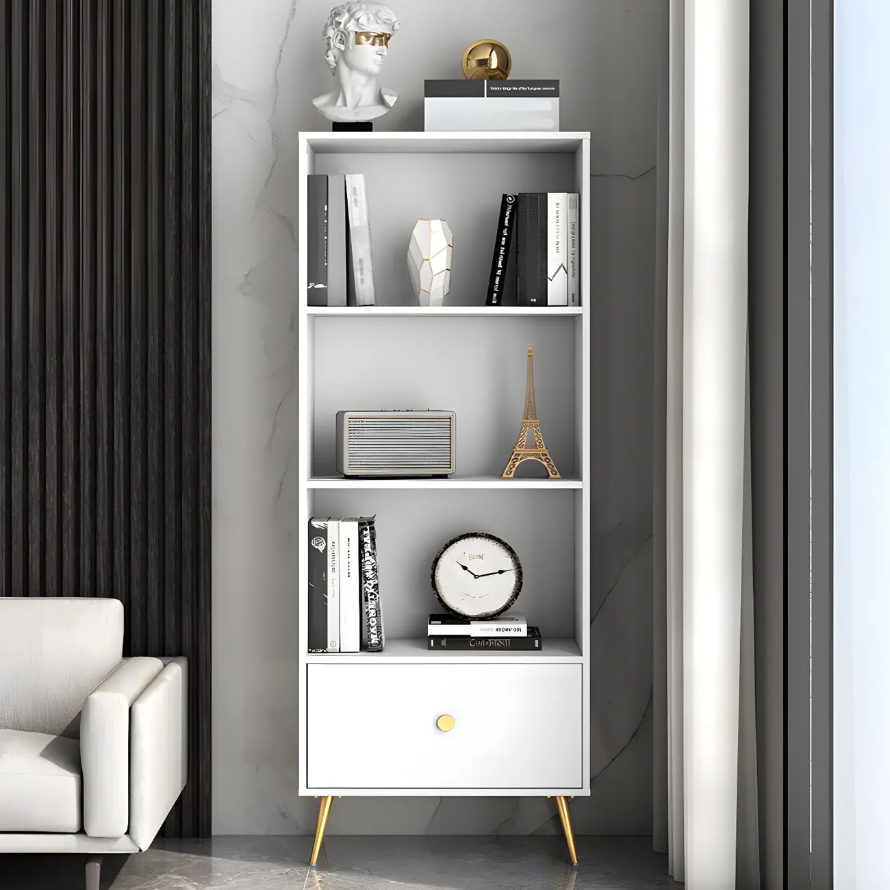 White Metal 2/3/4-Tier Open Bookcase with Drawer