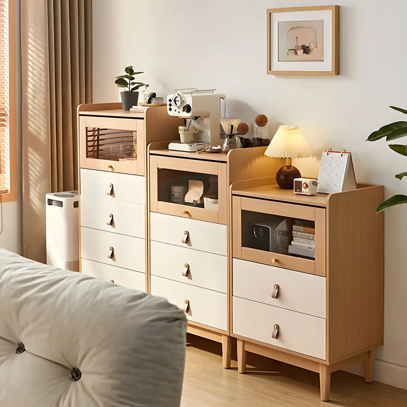 Durable Natural Finish Light Wood and Glass Drawers Dresser