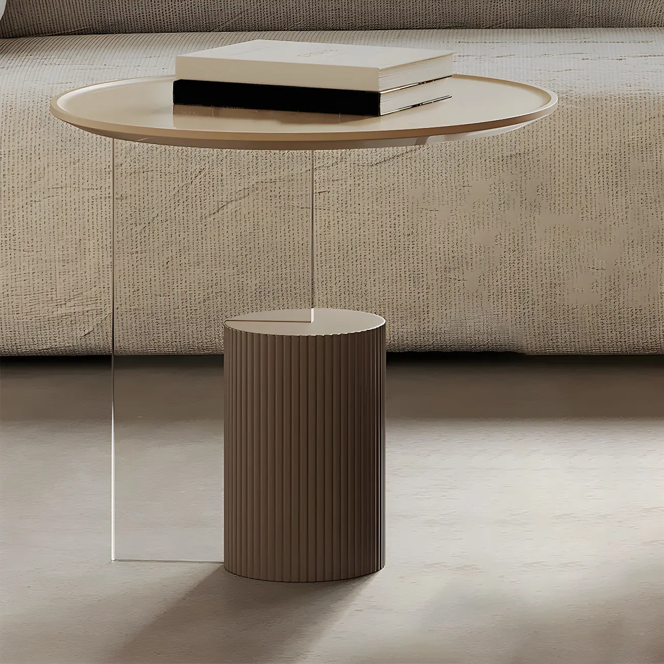 Brown Beige Elegant Round Wood Coffee Table with Storage