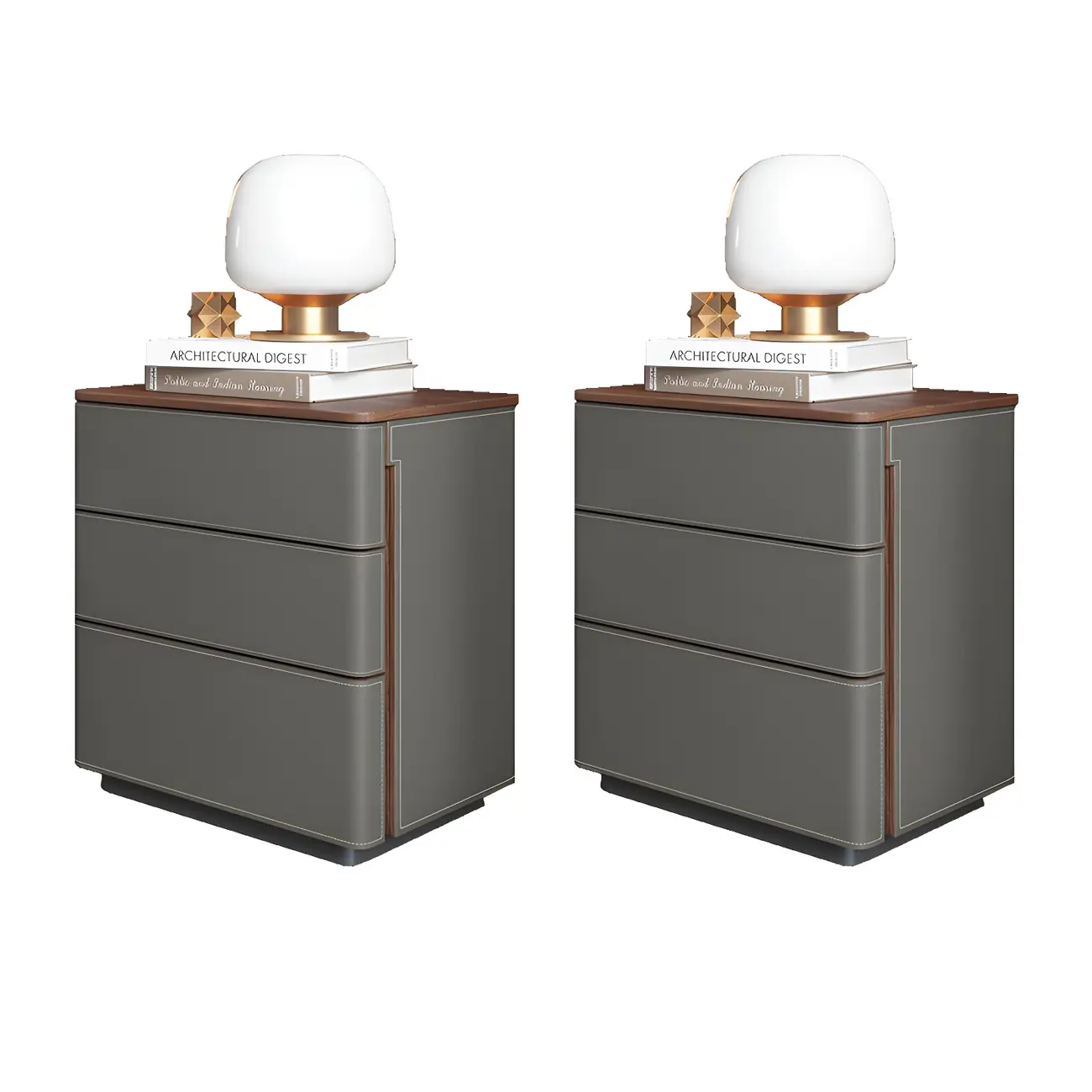 Modern Faux Leather Wood Top Drawers Nightstand