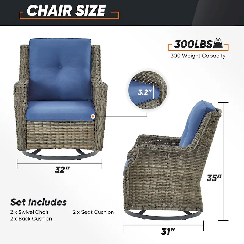 4 Piece Patio Chairs with Ottoman, Swivel Rocking Chairs - Grey
