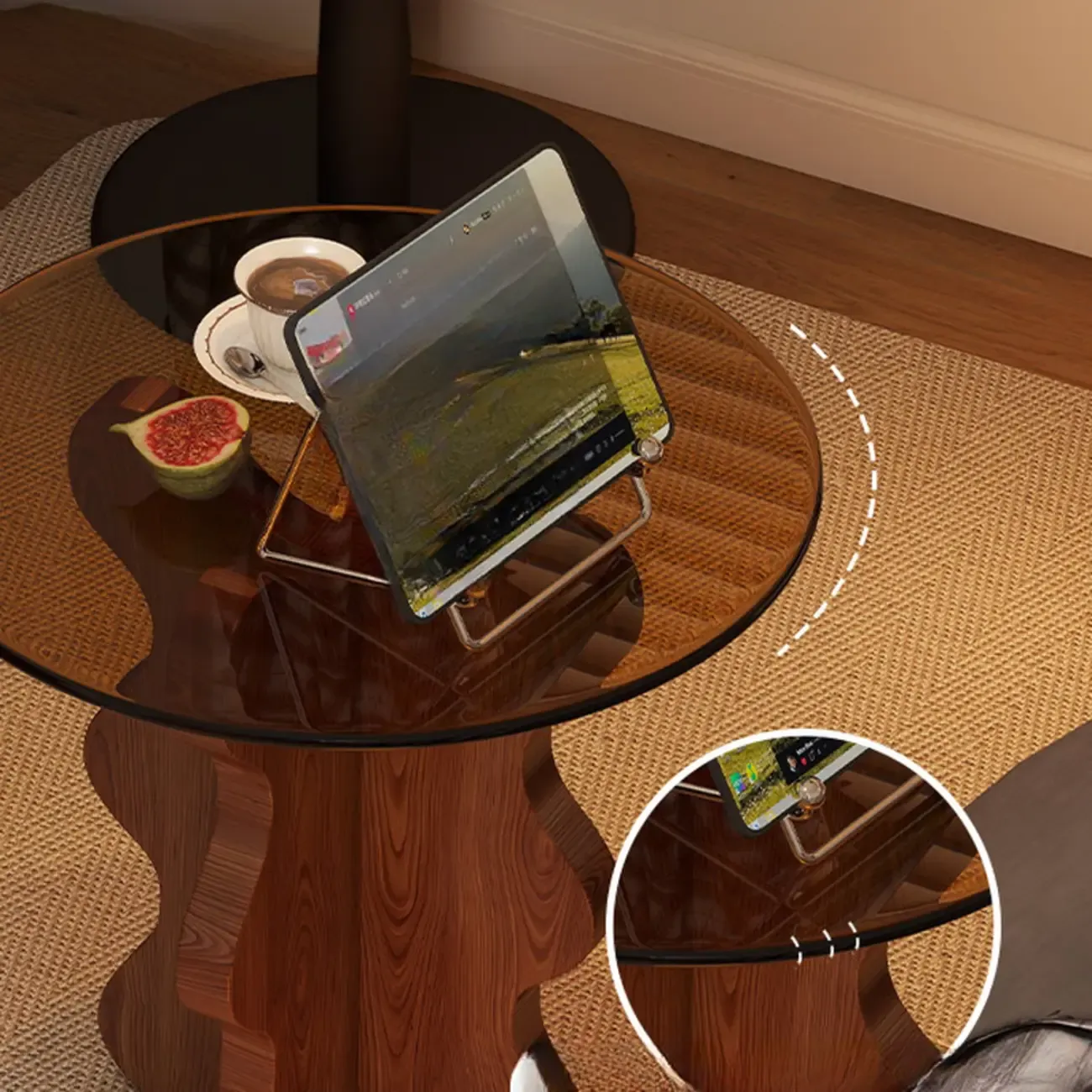 Mid-Century Modern Glass Top Walnut Pedestal Side Table