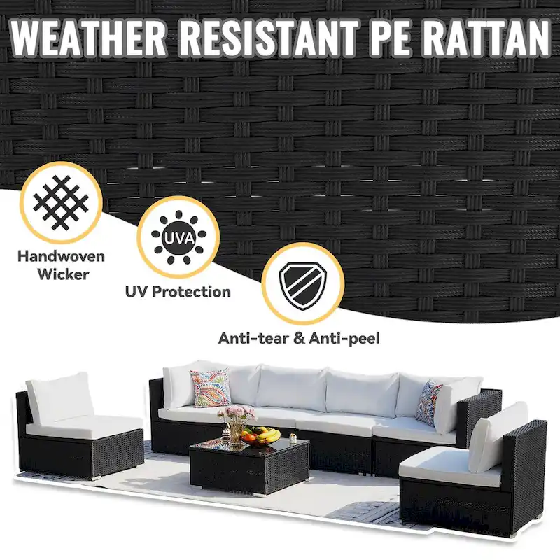 7-Piece Wicker Patio Conversation Set with Cushions and Glass Table